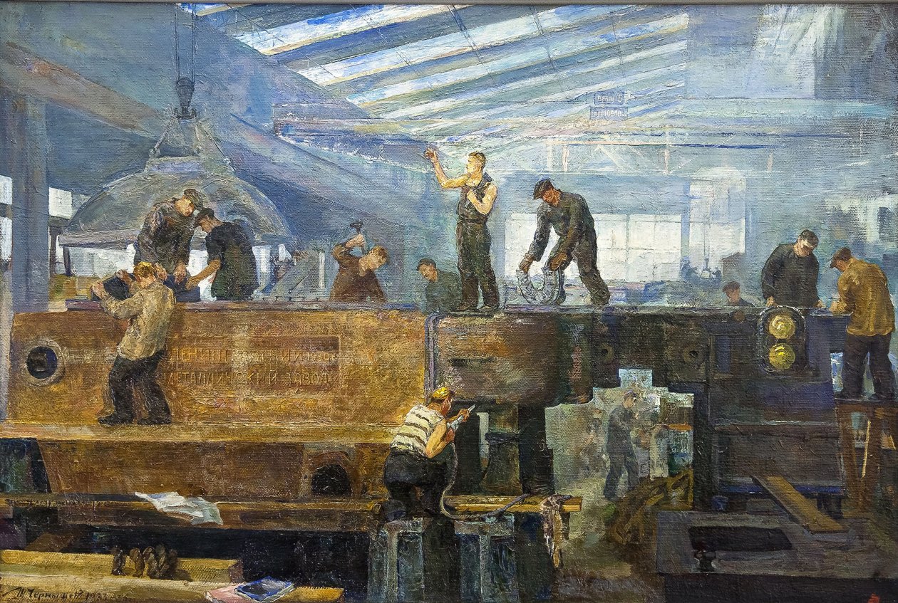 Le plan quinquennal - 涡轮机安装由 Chernyshev, Tikhon Pavlovich (1882-1942) 提供。 布面油画，尺寸：75x110 作者 吉洪·巴甫洛维奇·车尔尼雪夫