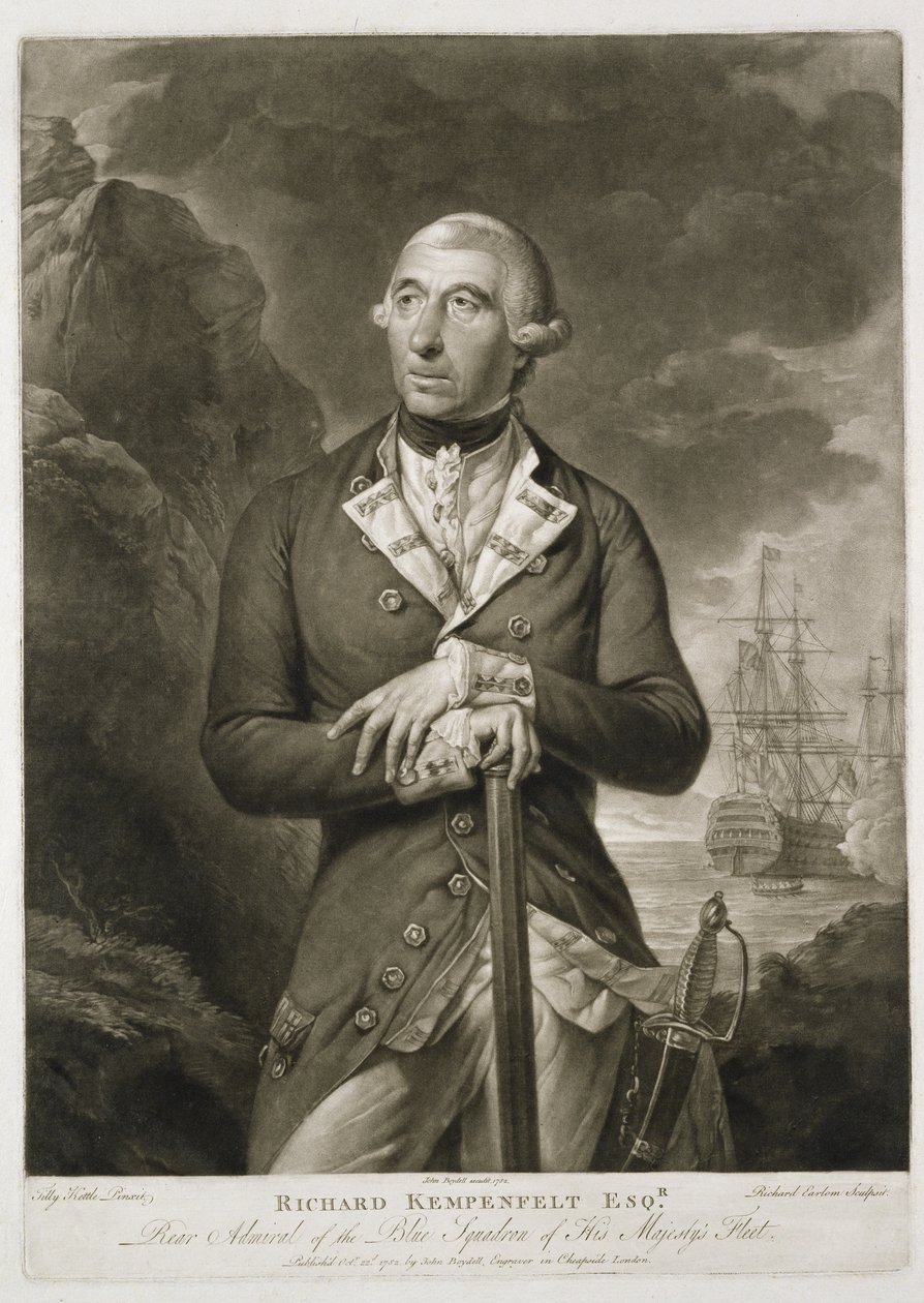 Richard Kempenfelt的肖像（1718-82）蓝色的海军少将，由Richard Earlom（1743-1822）酒吧雕刻。作者：John Boydell（1719-1804）1782 作者 蒂莉水壶