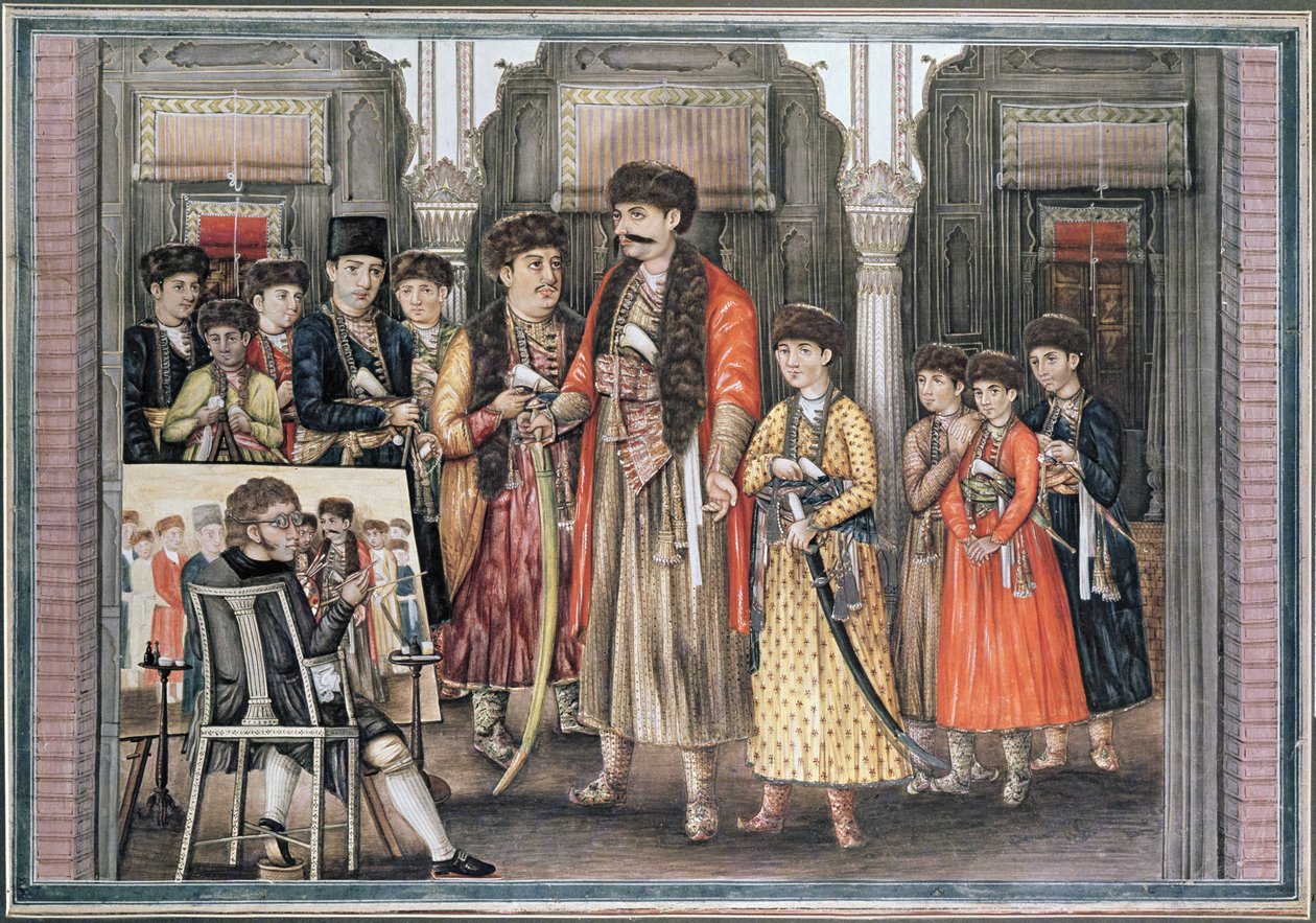 Shuja ud-daula，Oudh的Nawab（1754-75）和他的十个儿子，由P. Renault雕刻，1796年（彩色aquatint） 作者 蒂莉水壶