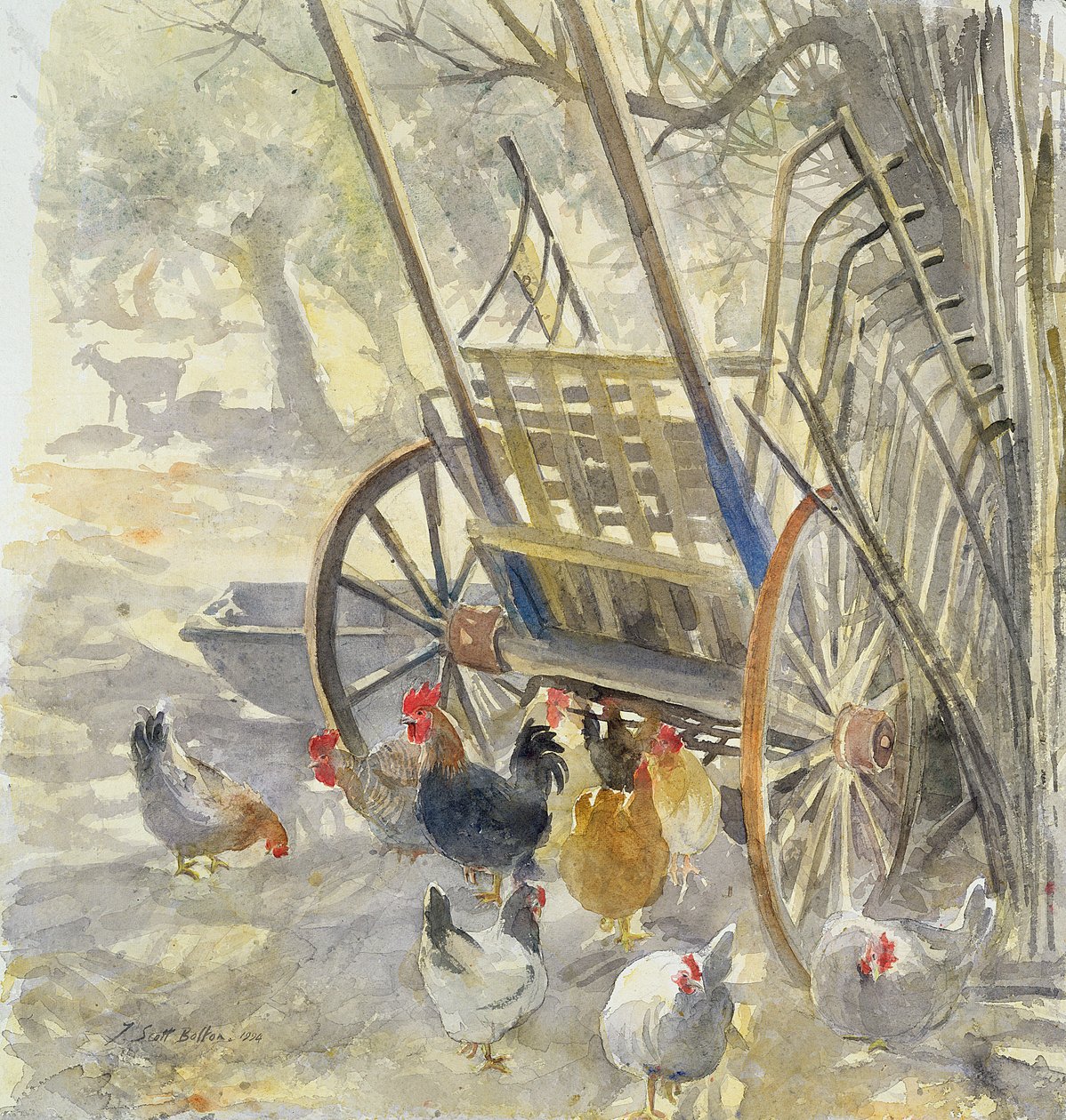 Majorcan Cart下的鸡，1994（wc） 作者 蒂姆·斯科特·博尔顿