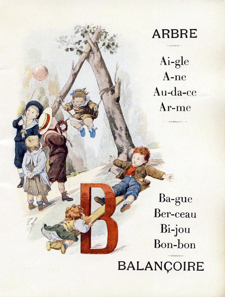 Letters A and B representing children playing the swing, late 19th century (chromolithograph) 作者 Timoleon-Marie Lobrichon