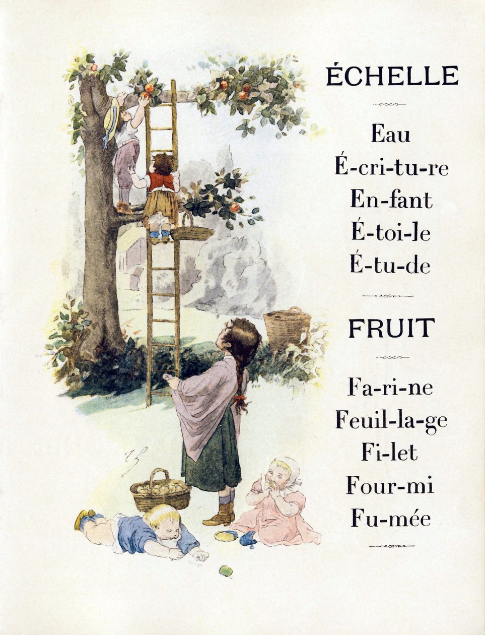Letters E and F representing children baking oranges, late 19th century (chromolithograph) 作者 Timoleon-Marie Lobrichon