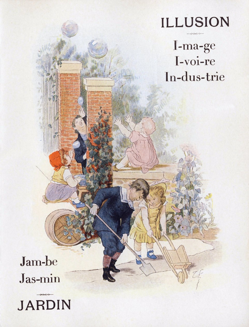 代表花园中的儿童的字母I和J，19世纪末（色版画 作者 Timoleon-Marie Lobrichon