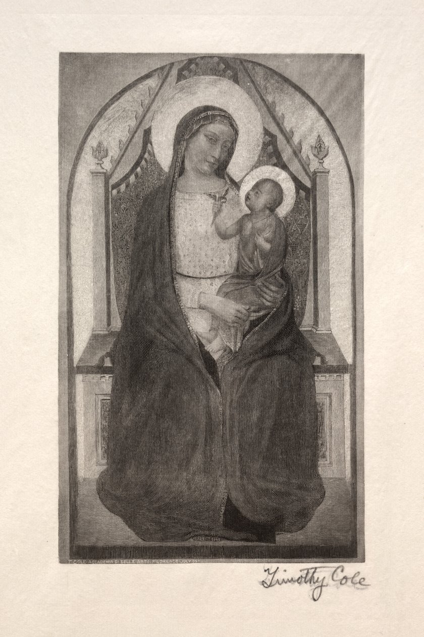 古老的意大利大师：麦当娜（Madonna）在1885年与抱着鸟的孩子登基。 作者 蒂莫西·科尔