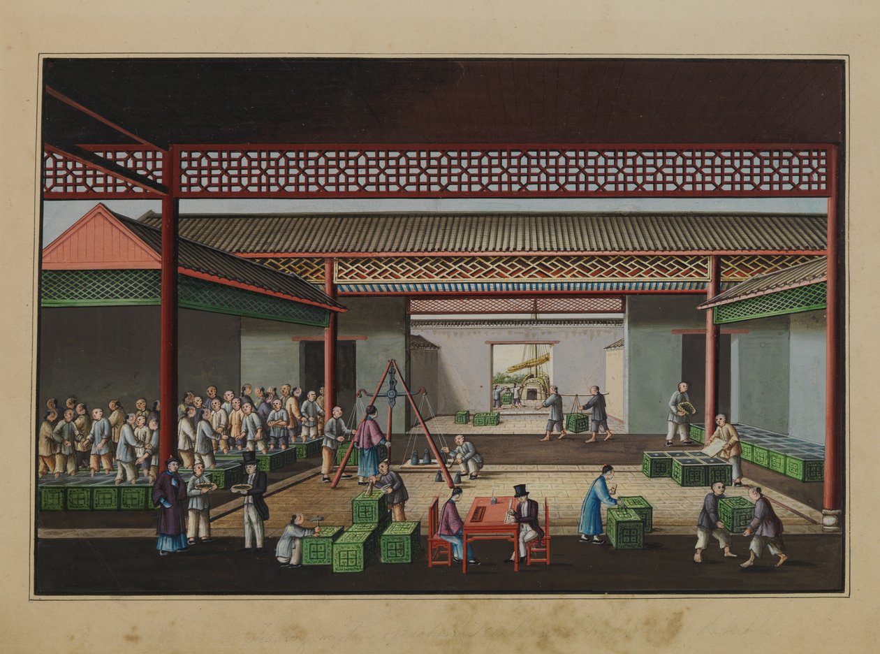 称重和购买茶叶，约 1860 年（纸面水彩画） 作者 廷夸