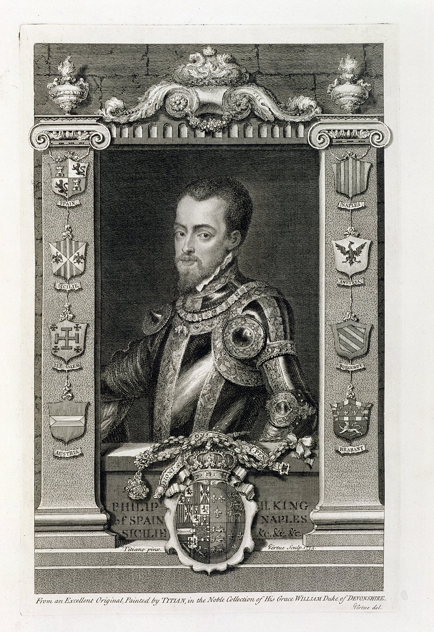 菲利普二世（1527-98）1556年的西班牙国王，由George Vertue（1684-1756）1735年刻 作者 蒂齐亚诺·韦切利（Tiziano Vecelli）