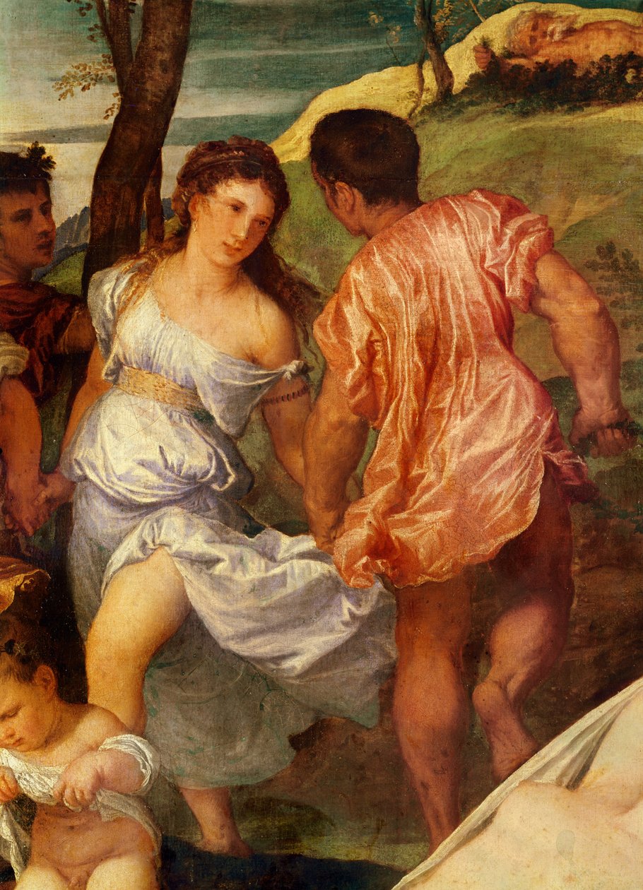 Bacchanal，阿丽亚娜背后的两个数字的细节。 c.1518布面油画 作者 蒂齐亚诺·韦切利（Tiziano Vecelli）