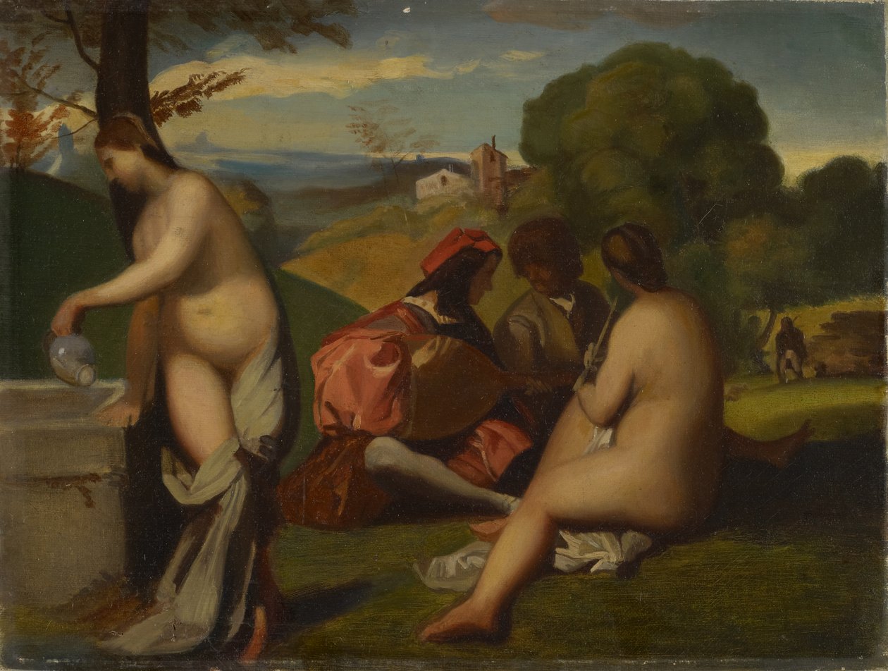 田园音乐会，1838-43（布面油画和纸板） 作者 Titian c.1488 1576的方式Titian c.1488 1576的方式