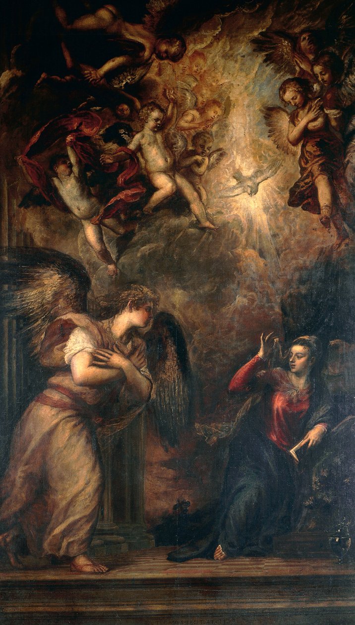 圣母领报》，提香（约1490-1576），威尼斯圣萨尔瓦多教堂。 作者 提香（c.1488-1576）