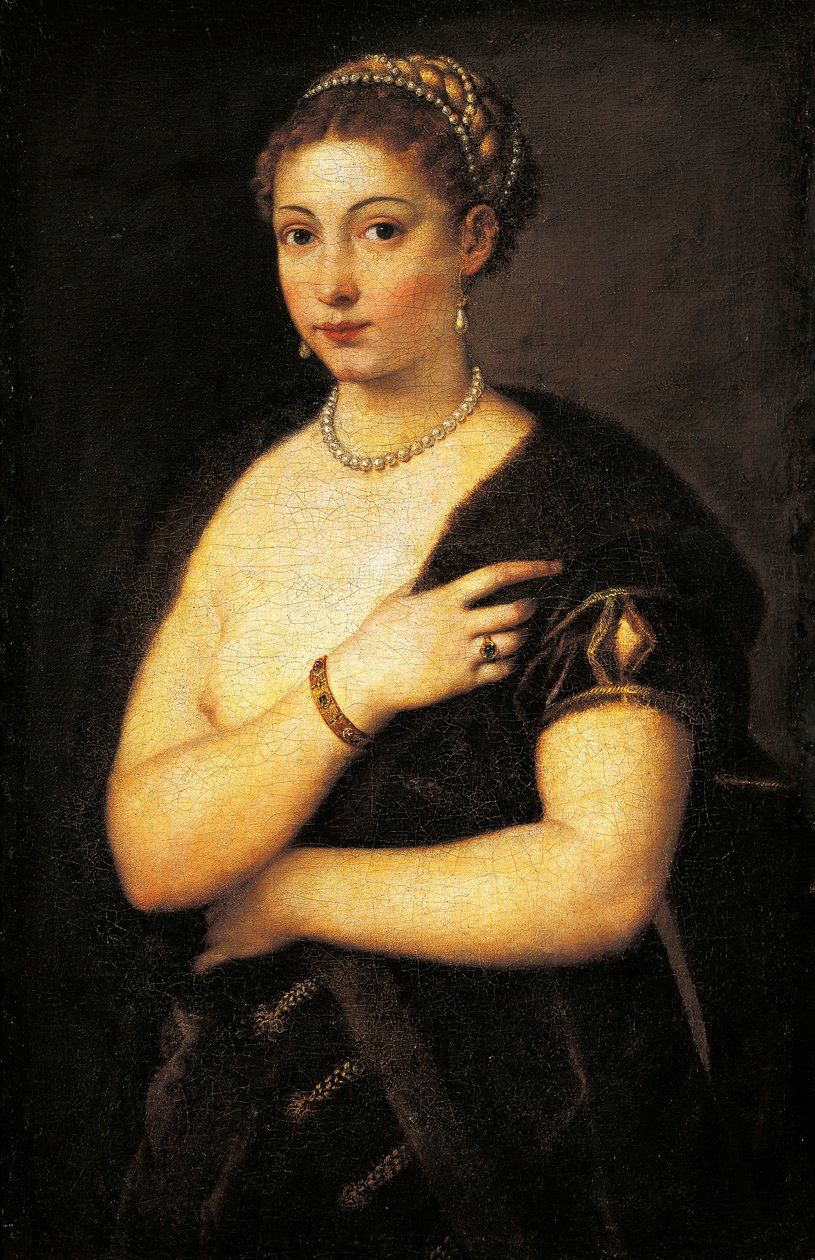 穿裘皮的女孩，提香（约1490-1576），布面油画，95x63厘米 作者 提香（c.1488-1576）