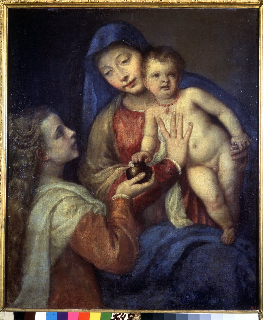 圣母子与抹大拉的马利亚》。提香（Tiziano Vecellio 或 Vecelli 或 Tiziano da Cador）的画作 作者 提香（c.1488-1576）