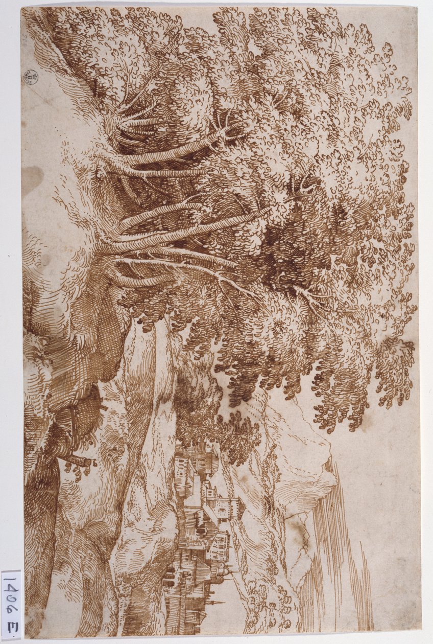 左侧为树木，背景为城市的风景（纸上钢笔和墨水） 作者 提香（c.1488-1576）