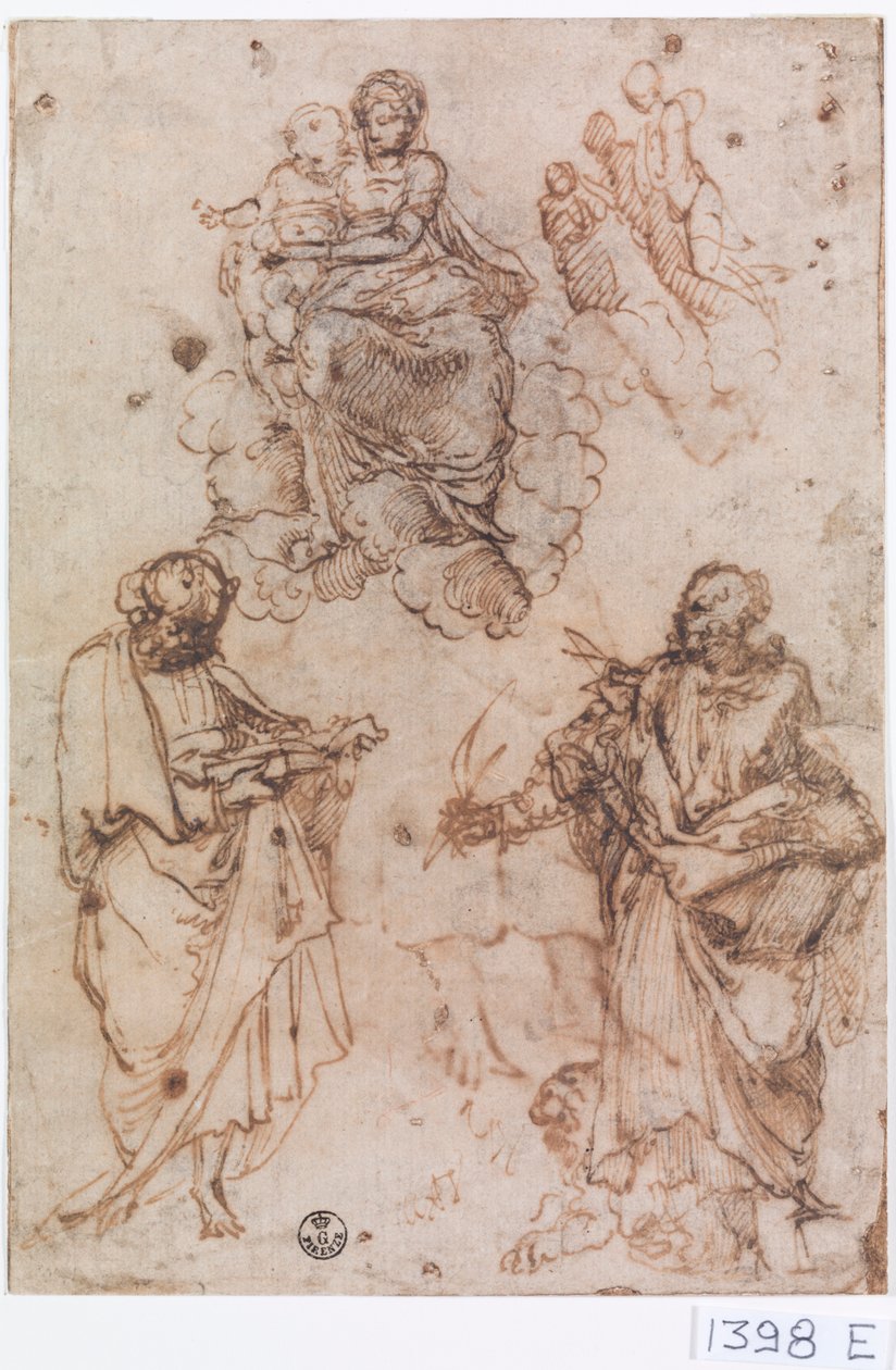 圣母子与圣徒或使徒坐在云上（纸上钢笔和墨水） 作者 提香（c.1488-1576）