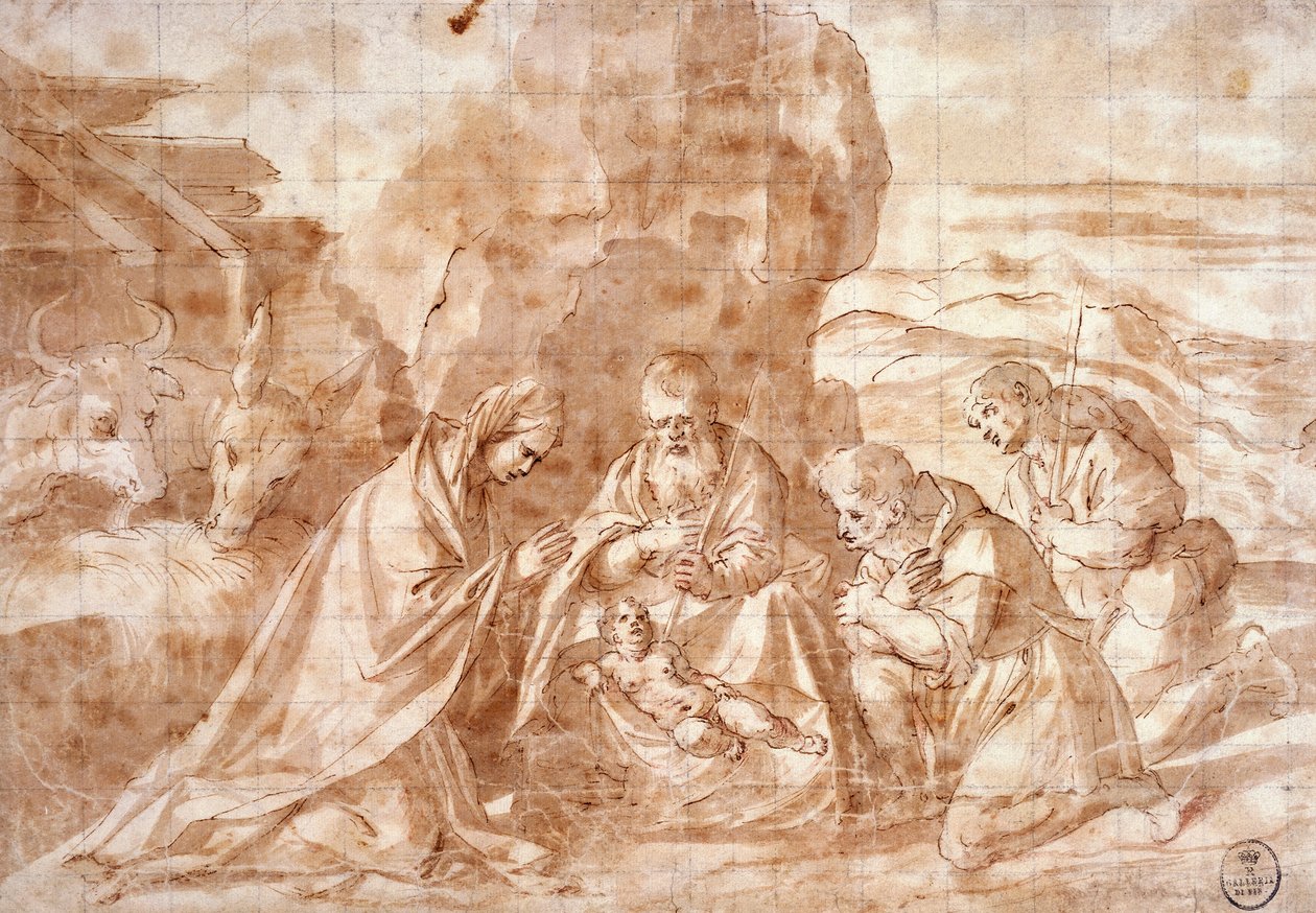 提香（约1490-1576）的《耶稣诞生》，图画 作者 提香（c.1488-1576）