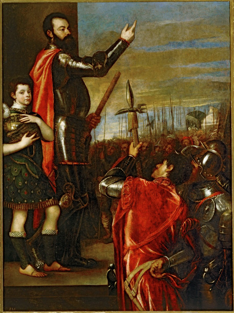 瓦斯托侯爵向他的士兵致辞......（布面油画） 作者 提香（约 1488-1576）