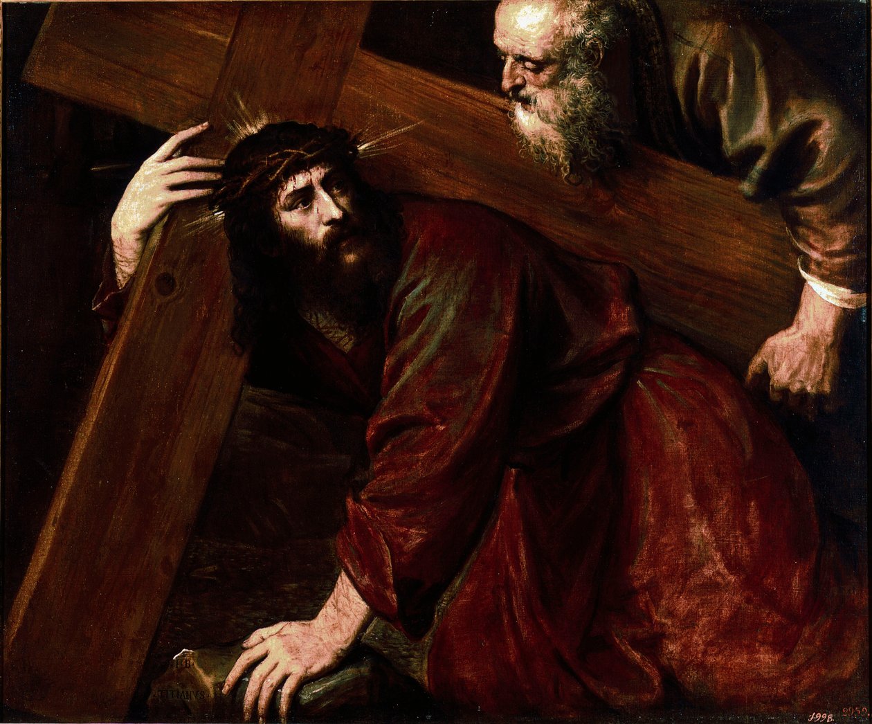 Christ and Simon the Cyrenean Simon of Cyrene (the Cyrenean) help Jesus carry his cross. Painting by Tiziano Vecellio called the Titian (1485-1576) 作者 蒂齐亚诺·韦切利（Tiziano Vecelli）