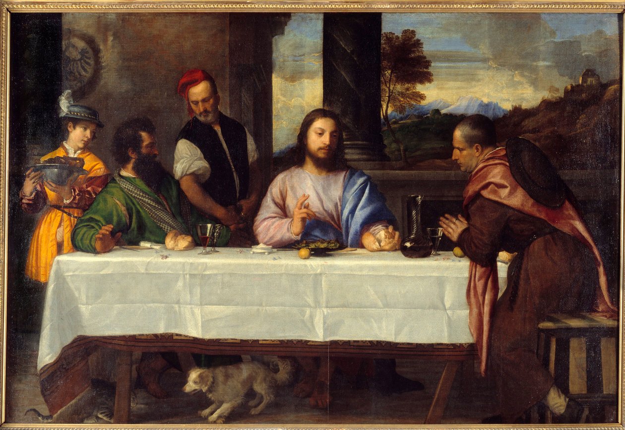 在以马忤斯的晚餐 与佩莱林会面耶稣。 由 Tiziano Vecellio dit le Titian (1485-1576) 绘制的 16 世纪太阳。 1,69x2,44 m 作者 提香（c.1488-1576）