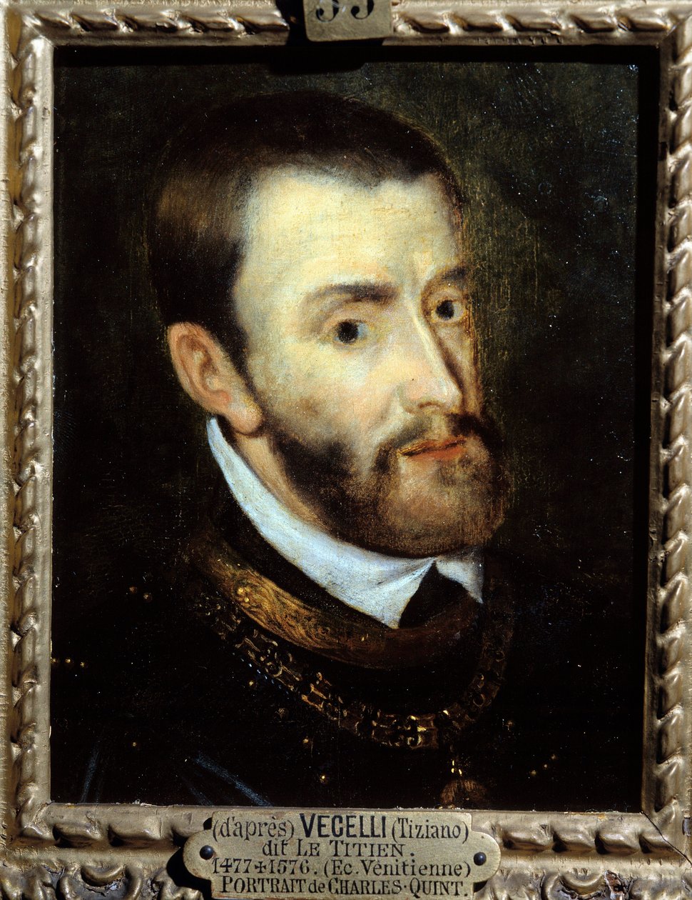 查理五世皇帝（1500-1558 年）的肖像 由 Augustine Quesnel（1595-1661 年）在 16 世纪被称为 Le Titian（1485-1576 年）的 Tiziano Vecellio 之后绘制。 尚蒂伊，孔德博物馆 作者 提香（c.1488-1576）