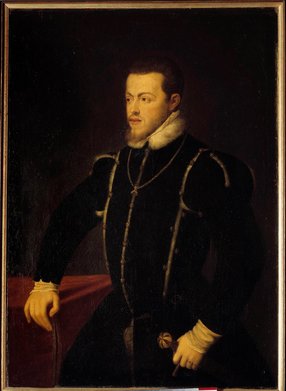 菲利普二世 (1527-1598) 西班牙和葡萄牙国王的肖像 提香 (1485-1576) 16 世纪的太阳。 1,08x0,76 米 作者 蒂齐亚诺·韦切利（Tiziano Vecelli）