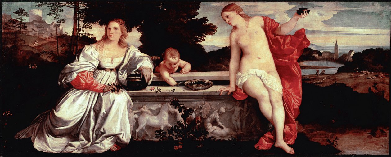 Tiziano Vecellio 的《神圣的爱与世俗的爱》画作提香 (1490-1576) 约 1515 年。 太阳。 118x279 厘米罗马，博尔盖塞美术馆 - 神圣和亵渎的爱 - 由 Tiziano Vecellio 作画，称为提香（约 1488-1576 年），布面油画，约 1515 (118x279) 作者 蒂齐亚诺·韦切利（Tiziano Vecelli）