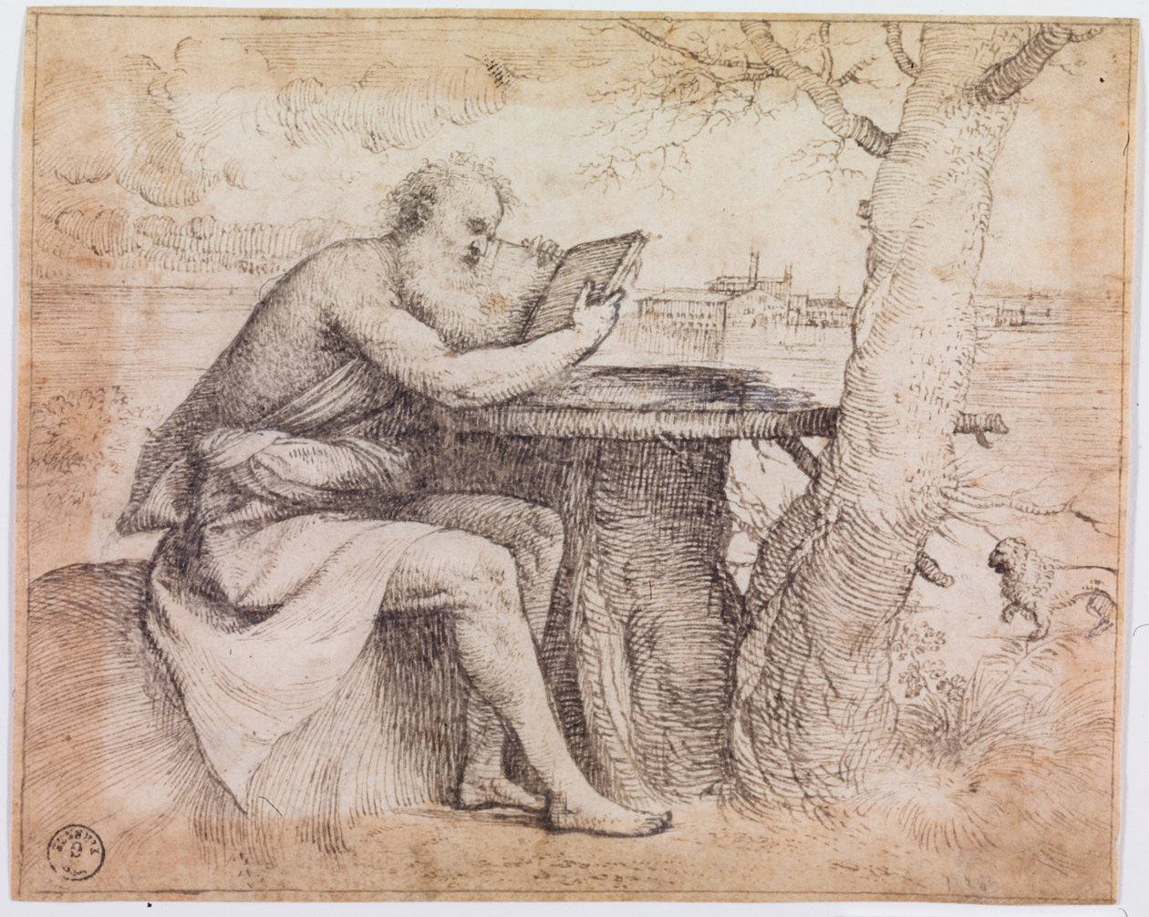 风景中的圣杰罗姆（纸上钢笔和墨水） 作者 提香（c.1488-1576）