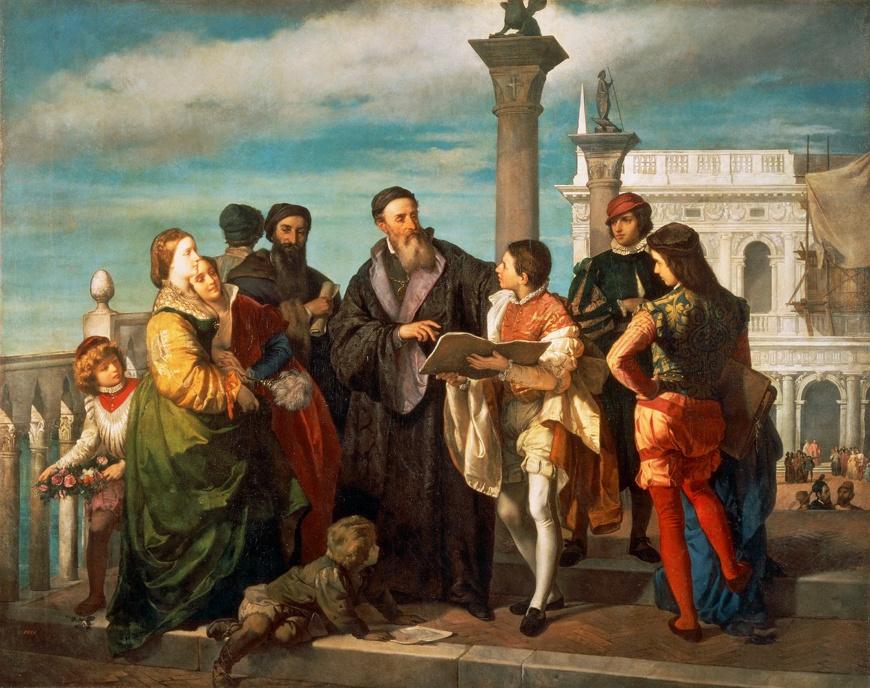提香（1488-1576）和年轻的维罗内塞（1528-88）在Ponte della Paglia的会面，安东尼奥-佐纳（1814-1842），布面油画 作者 提香（c.1488-1576）