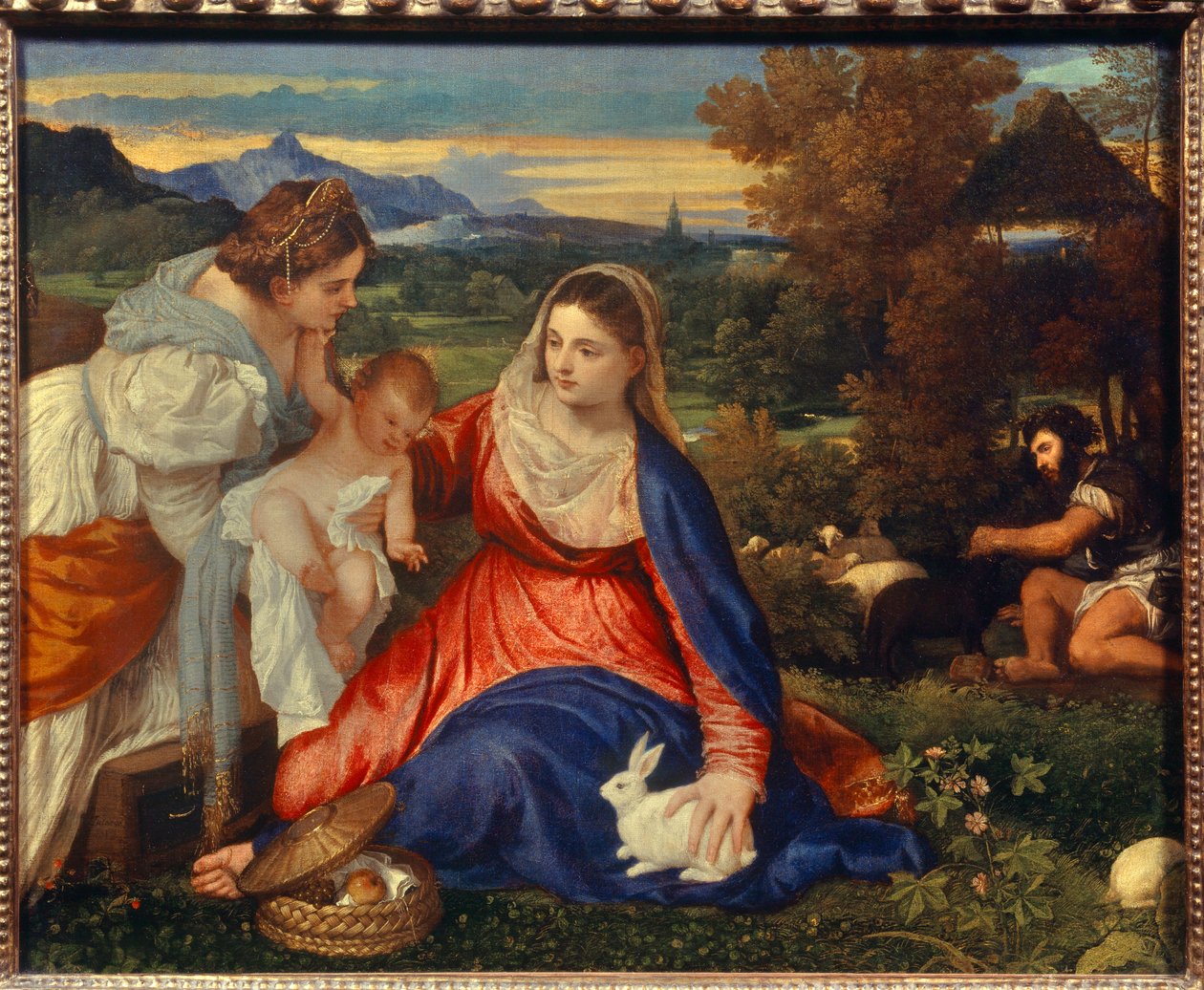 圣母子与圣凯瑟琳或圣母与兔子 蒂齐亚诺·韦切利奥 (Tiziano Vecellio dit le Titian) (1485-1576) 16 世纪太阳作画。 0,71 x 0,87 m 巴黎, 作者 蒂齐亚诺·韦切利（Tiziano Vecelli）