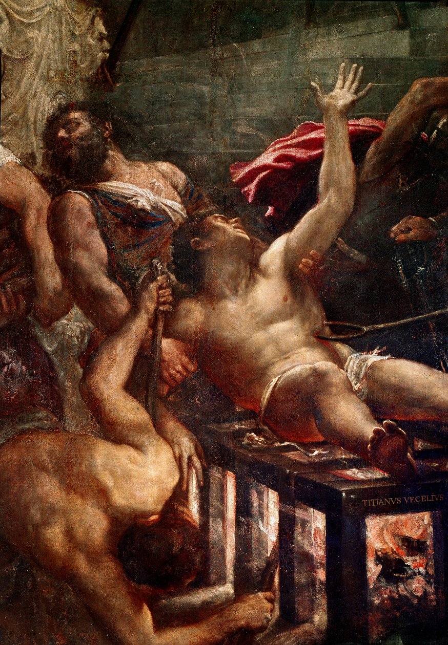 The martyrdom of Saint Laurent Supplice of Saint Laurent on the grill in 258 in Rome. Detail. Painting by Tiziano Vecellio called the Titian (ca. 1490-1576) 1548-1559 Sun. 500x280 cm Venice, Church of the Jesuites 作者 提香（c.1488-1576）