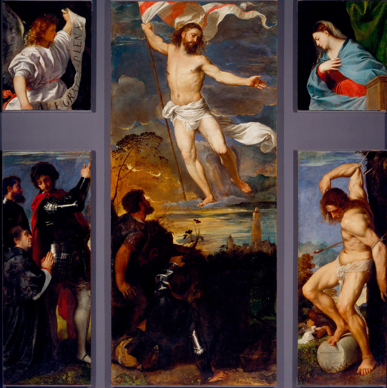 复活“”圣母”“”“圣塞巴斯蒂安”“”和赞助商。 Averoldi polyptych 的面板。 Tiziano Vecellio 在木头上作画，名为 Titian（约 1490-1576），16 世纪布雷西亚，圣纳扎罗和塞尔索教堂 作者 提香（c.1488-1576）