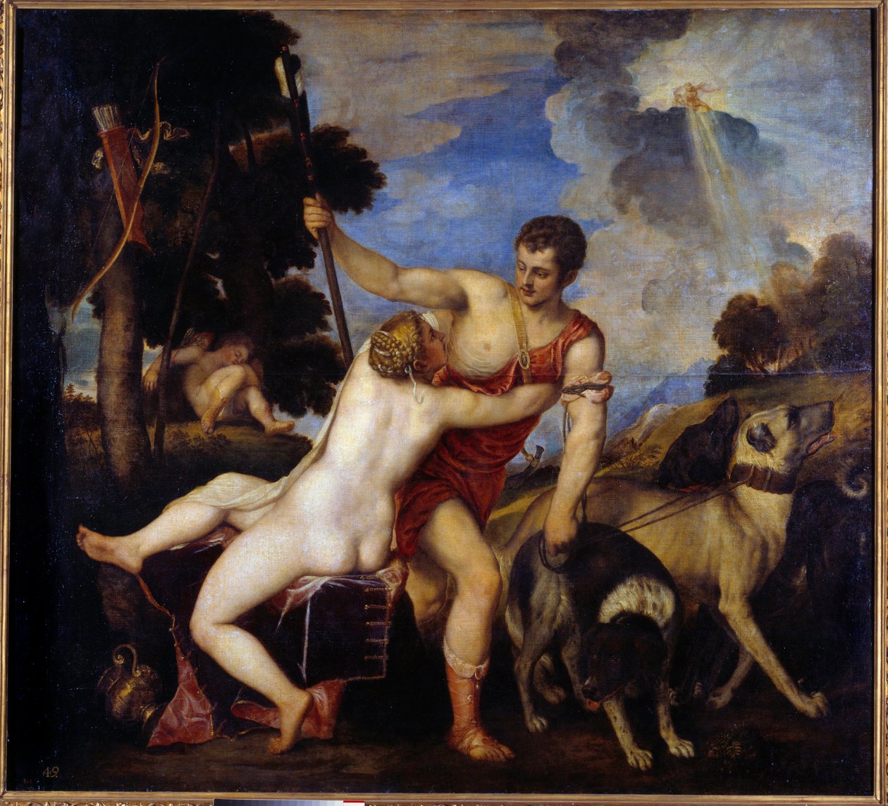 维纳斯和阿多尼斯。 Tiziano Vecellio 的绘画说提香（1485-1576） 作者 蒂齐亚诺·韦切利（Tiziano Vecelli）