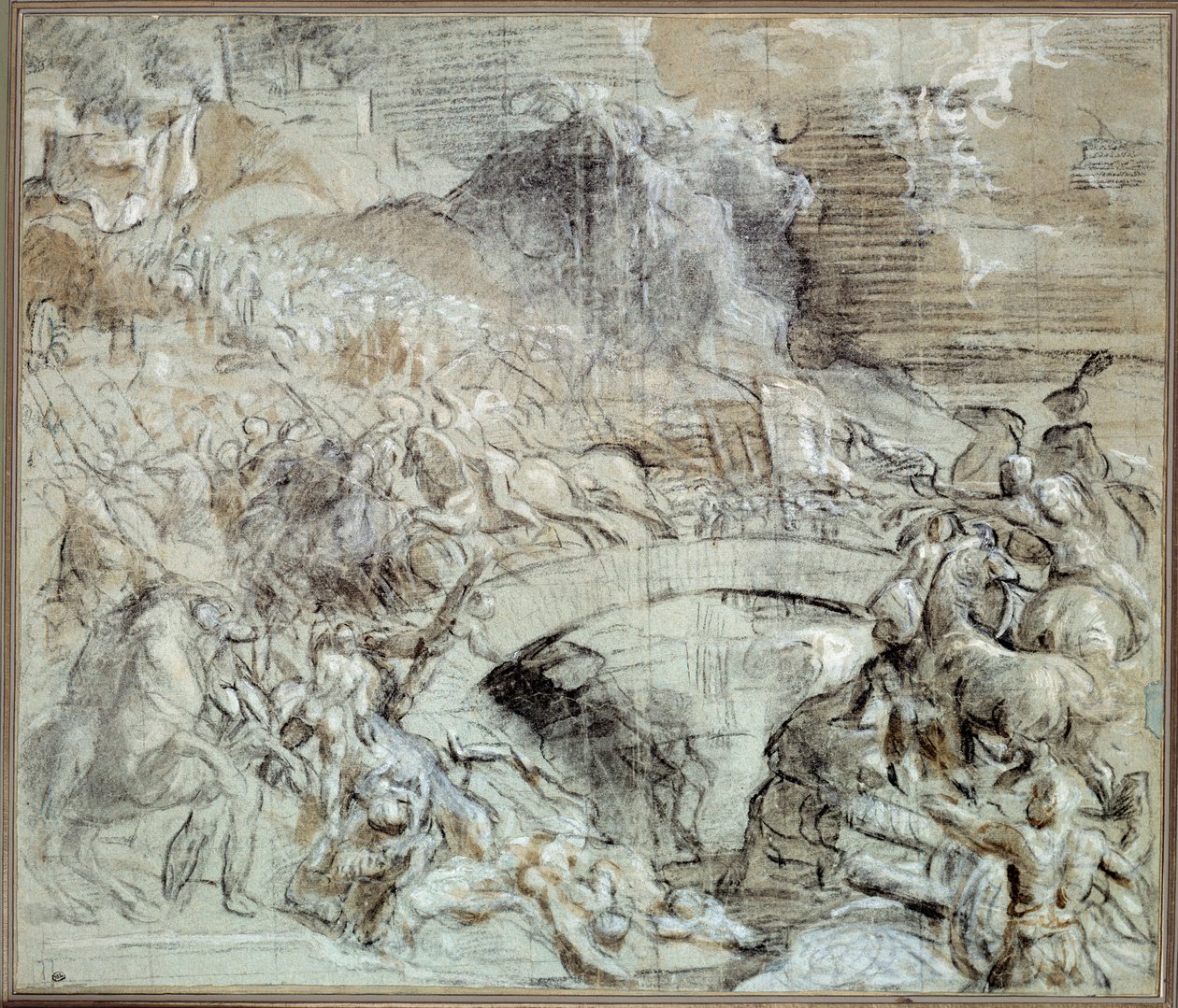 Wars of Italy: “” The Battle of Cadore””” Battle that in circa 1508 the town of Pieve di Cadore allied with the Venitians with the troops of Maximilian I of Habsburg. Drawing with black stone and washing by Tiziano vecellio (1485-1576) called Titian. 16th  作者 蒂齐亚诺·韦切利（Tiziano Vecelli）