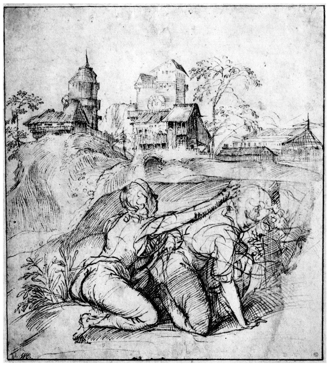 有两个年轻人的风景，c1510，1937年 作者 蒂齐亚诺·韦切利（Tiziano Vecelli）