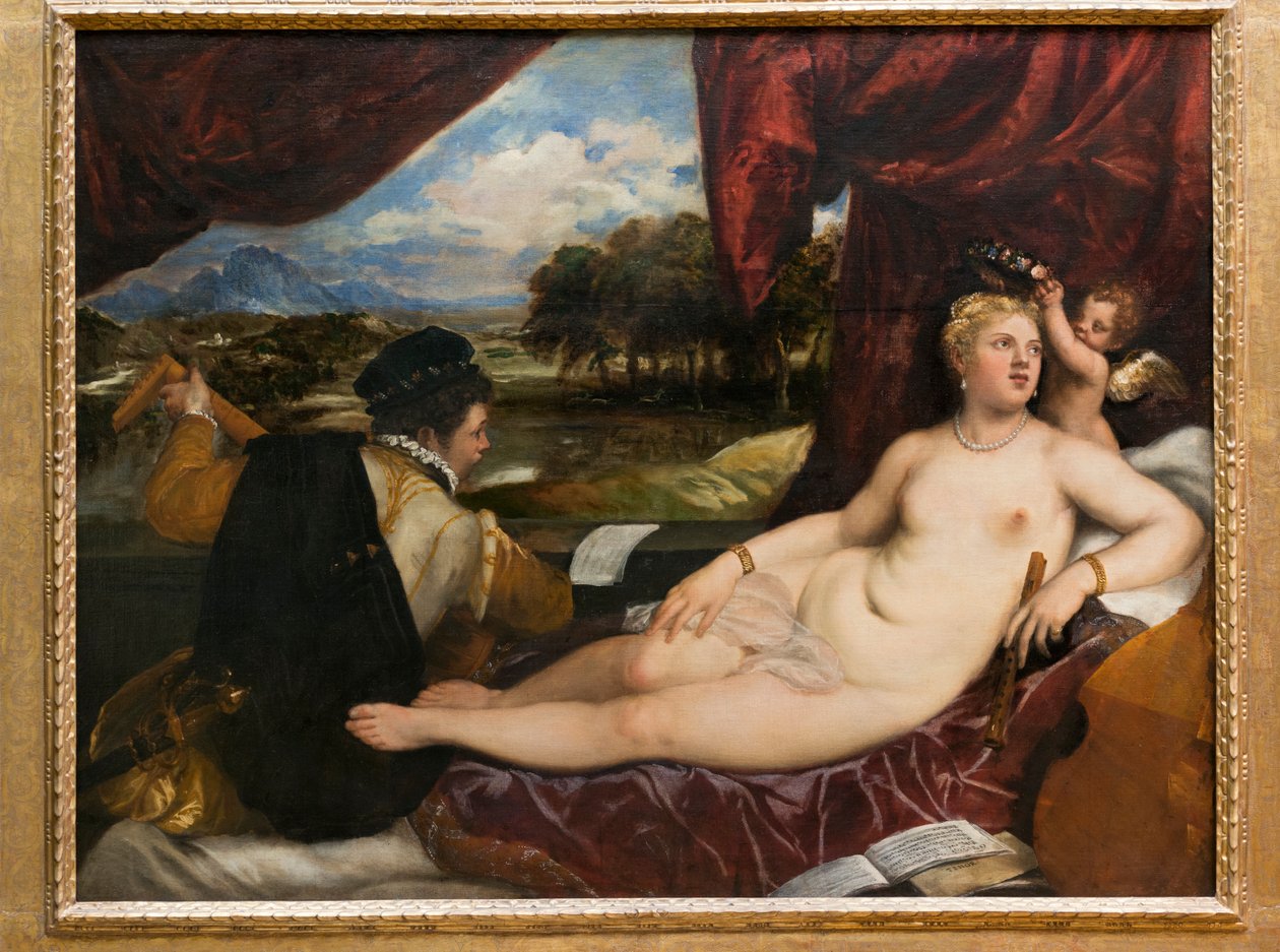 维纳斯和丘比特与琵琶球员，1555-65 作者 蒂齐亚诺·韦切利（Tiziano Vecelli）
