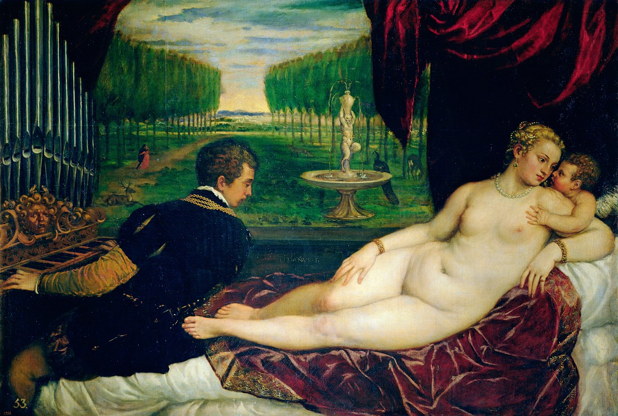金星与管风琴和丘比特，1540-50 作者 蒂齐亚诺·韦切利（Tiziano Vecelli）