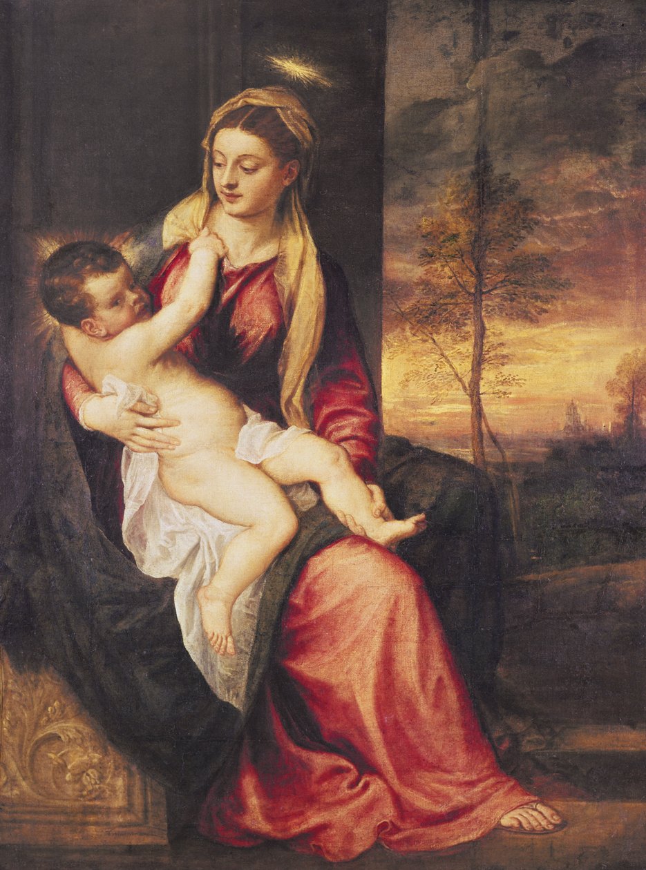 处女与孩子在日落时，1560年 作者 蒂齐亚诺·韦切利（Tiziano Vecelli）