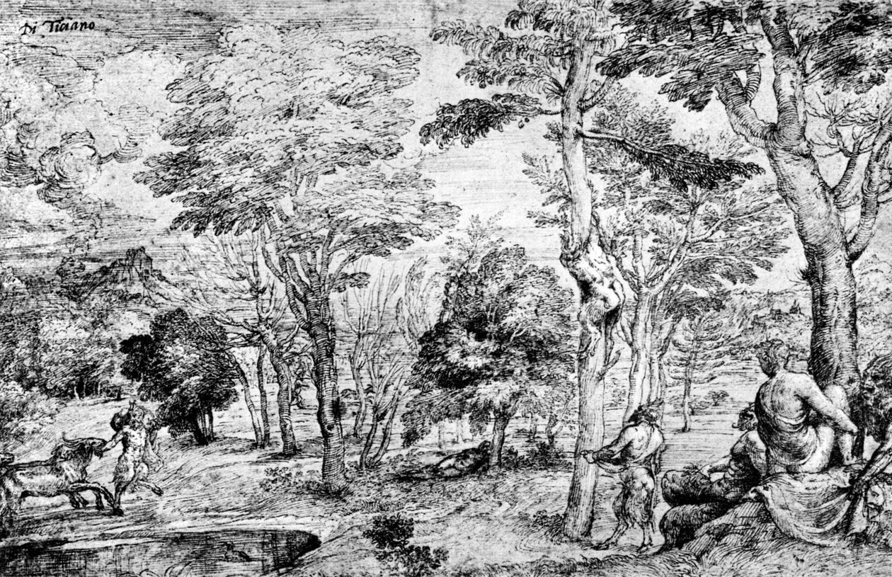 景观与色情狂者，c1530-1540，1937年 作者 蒂齐亚诺·韦切利（Tiziano Vecelli）