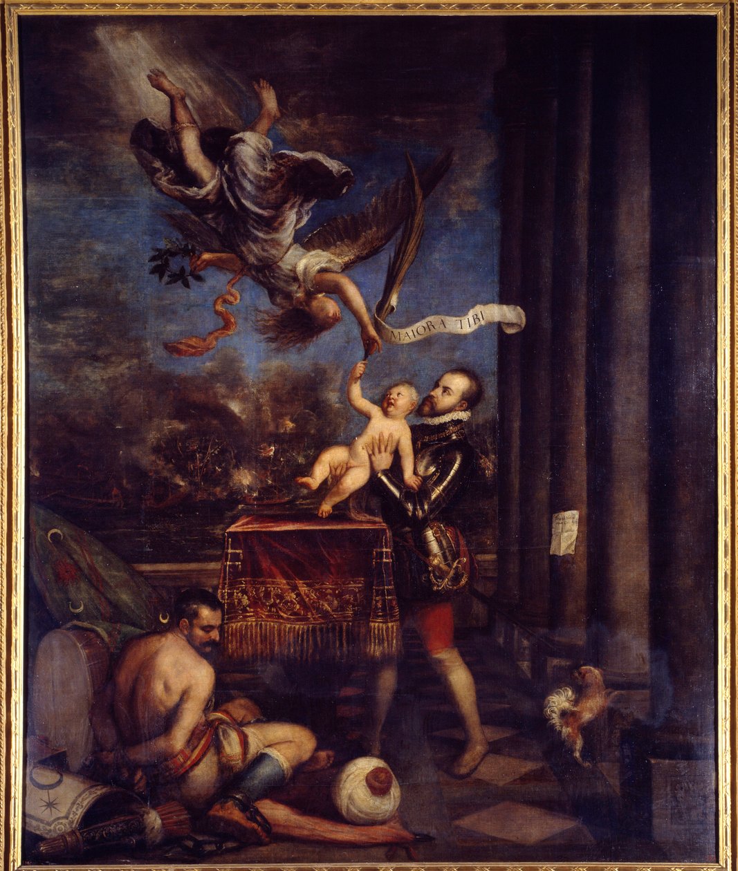 Philip II after the victory of Lepante (1571) offered to heaven Prince Don Ferdinand. Painting by Tiziano Vecellio called The Titian (1485-1576). Oil on canvas. Dim: 3,35 X 2,74m. Madrid, Prado Museum. 作者 蒂齐亚诺·韦切利（Tiziano Vecelli）