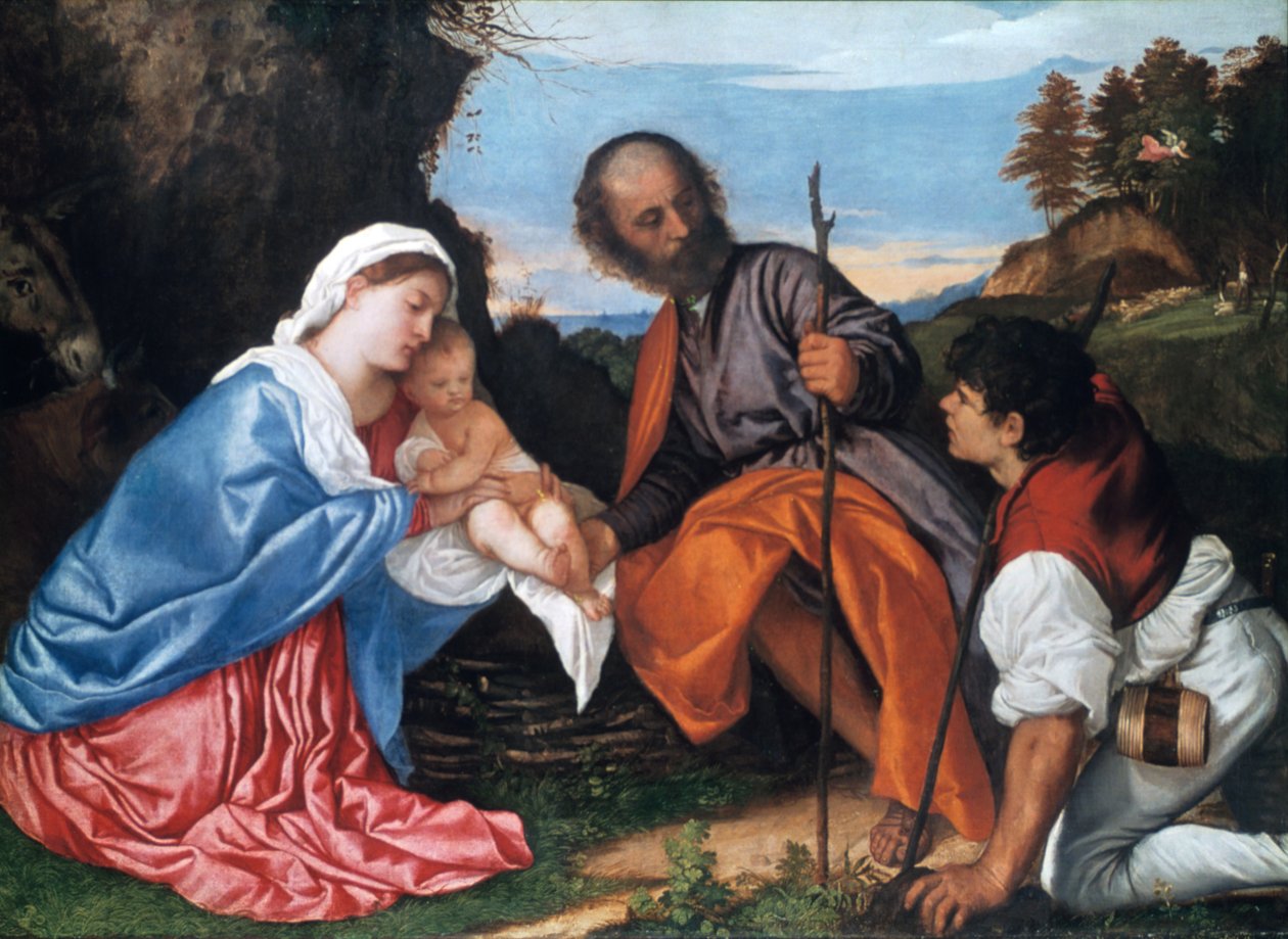 带牧羊人的圣家，c1510 作者 蒂齐亚诺·韦切利（Tiziano Vecelli）