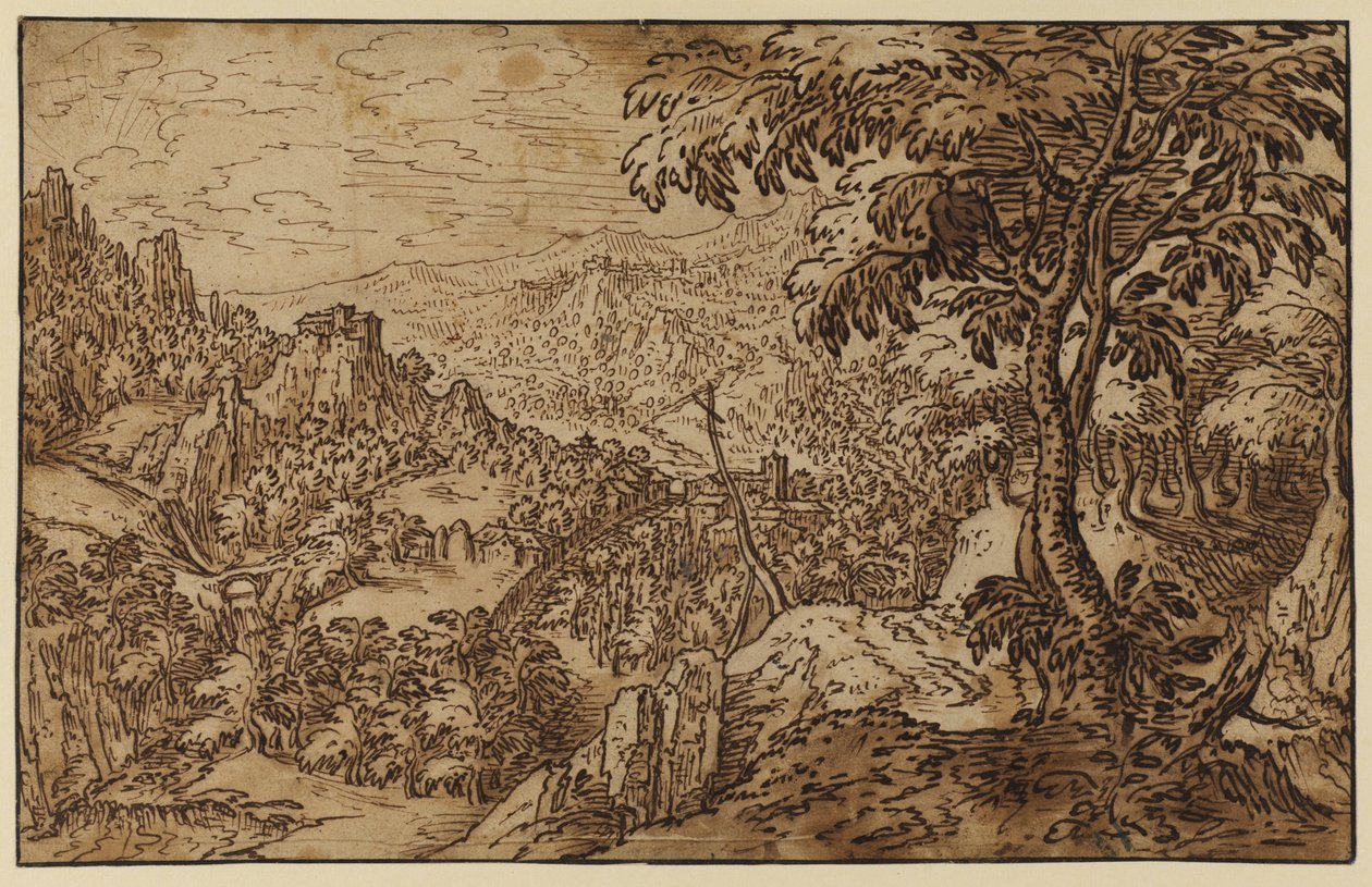 十字架的山地景观（纸和笔在纸上的墨水） 作者 Verhaecht的Tobias追随者