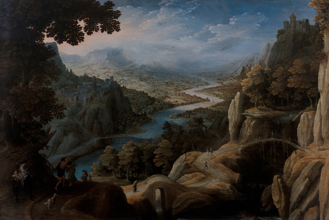 An Extensive Mountainous River Landscape with the Reconciliation of Jacob and Laban, a fortified town on a cliff top beyond 作者 托比亚斯·韦尔哈希特（Tobias Verhaecht）