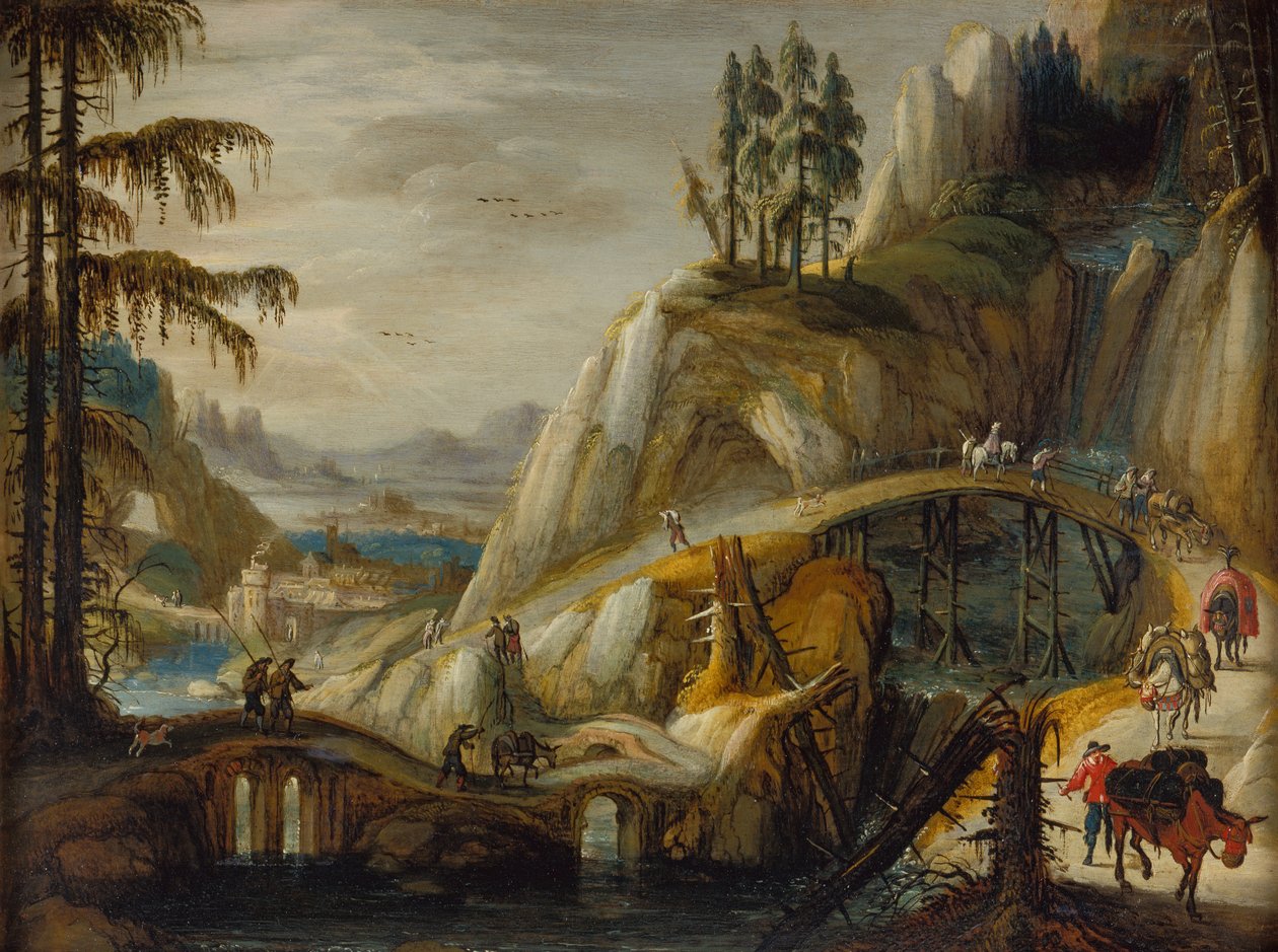 阿尔卑斯山风景中的旅行者（油画） 作者 托比亚斯·韦尔哈希特（Tobias Verhaecht）