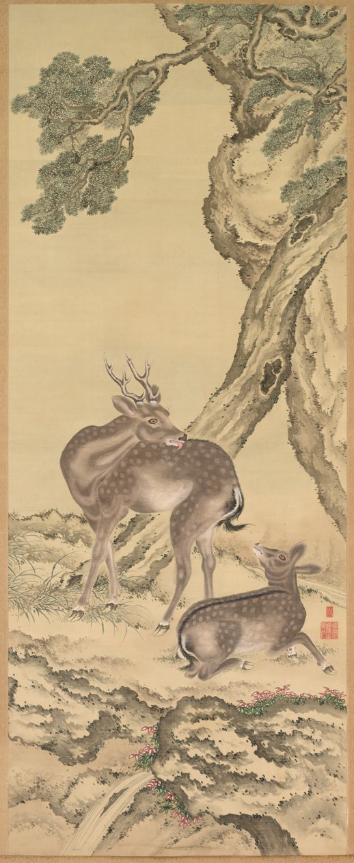 长寿的象征：桃树和松树下的鹿（桃）（左） 作者 户田忠中