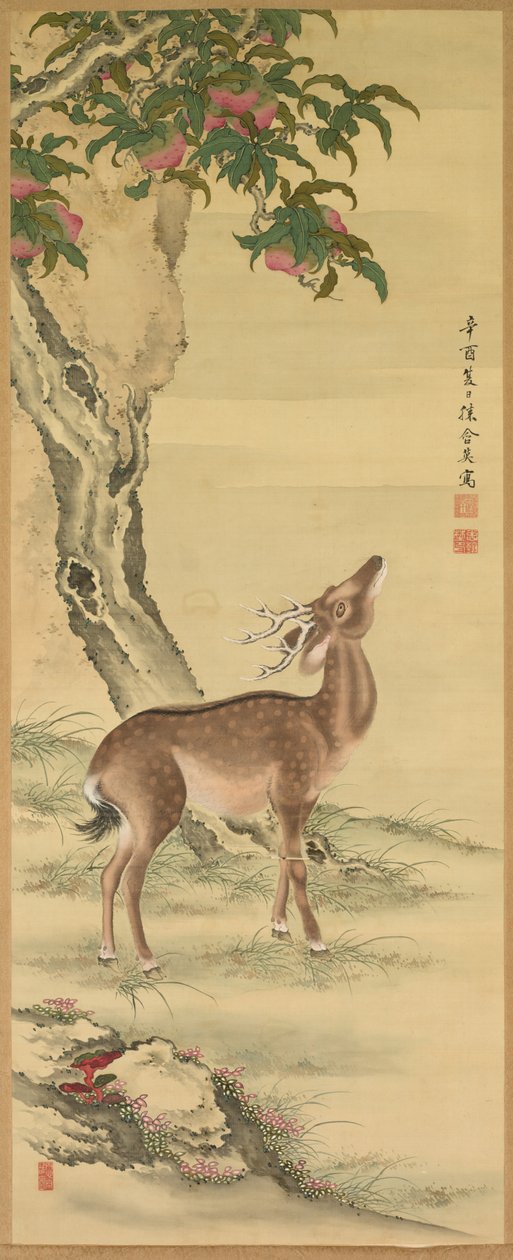 长寿的象征：桃树和松树下的鹿（右图 作者 户田忠中