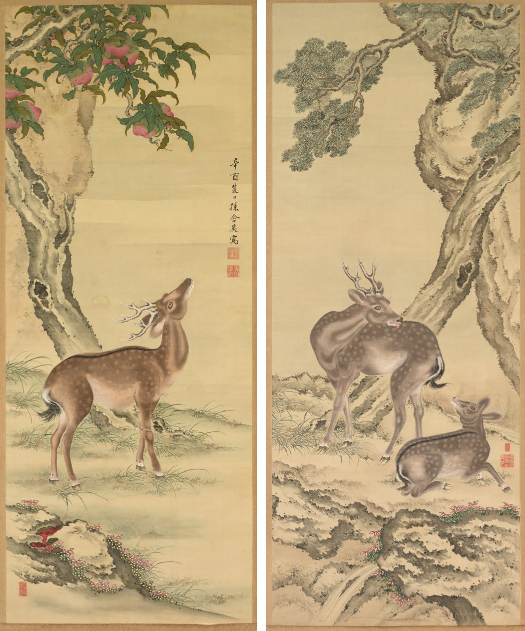 长寿的象征桃树和松树下的鹿 作者 户田忠中
