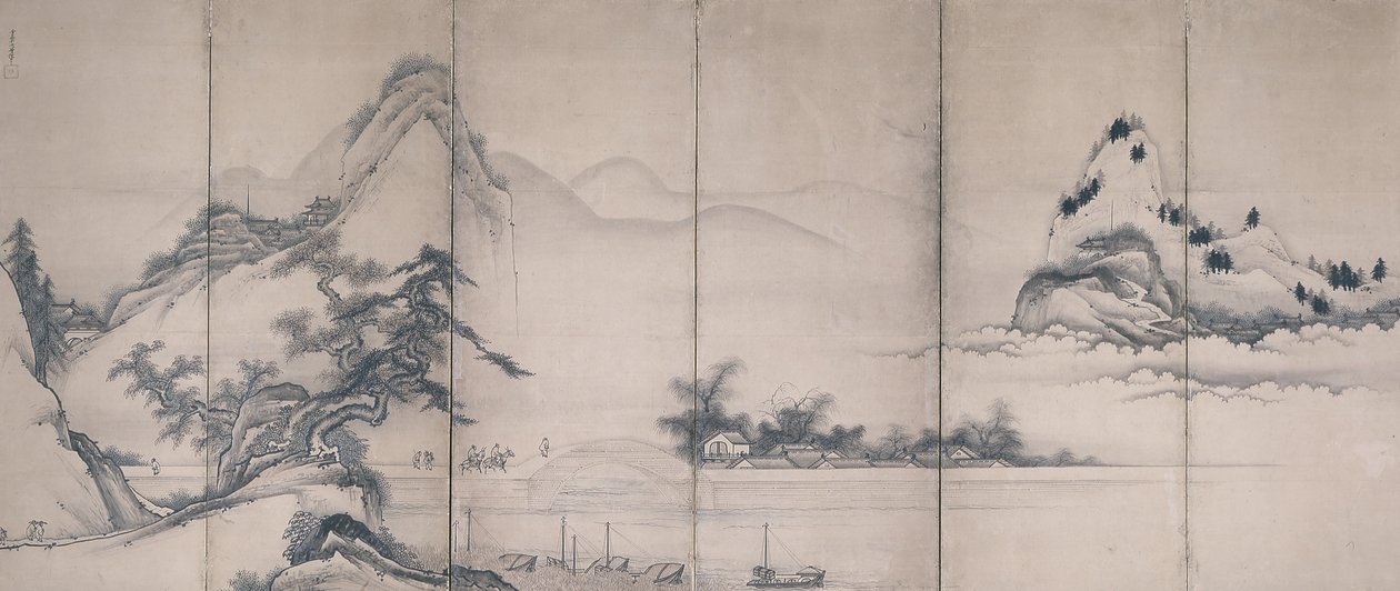 湖边桥上的旅人（纸上水墨和彩色，六折屏风） 作者 东越