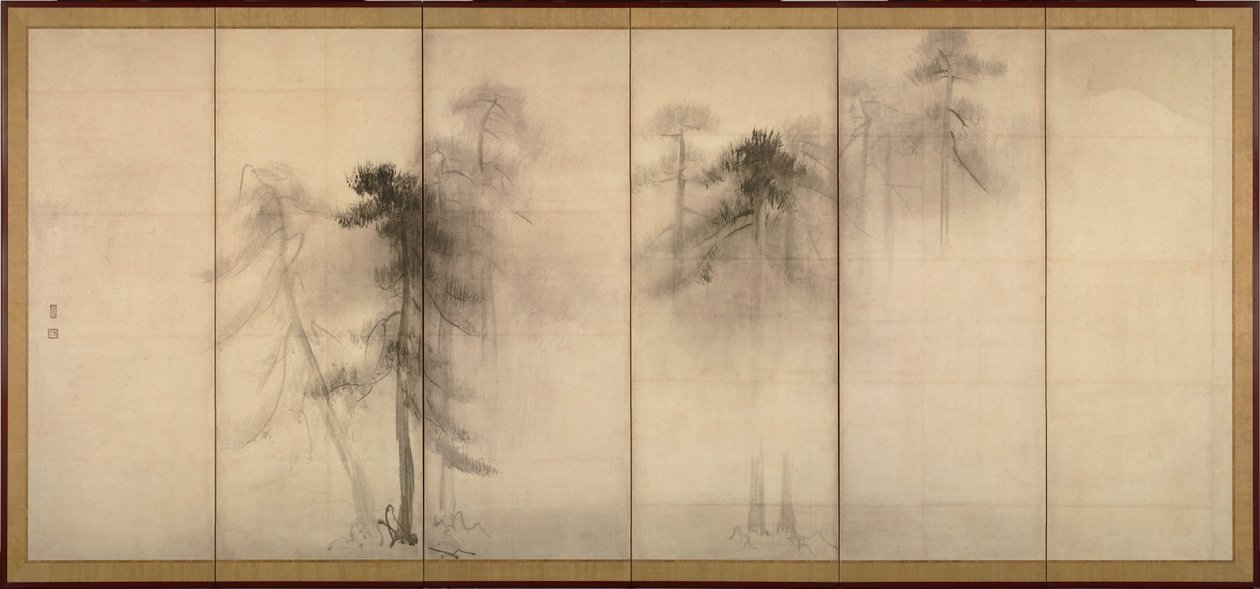 松树 一对六段式折叠屏风的左边，16世纪 作者 长谷川东白
