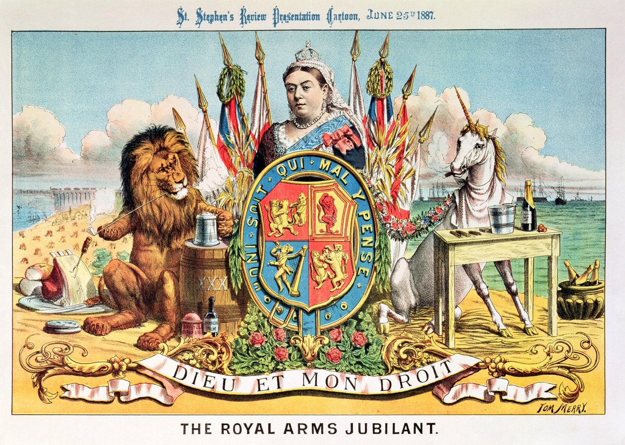 The Royal Arms Jubilant，来自&39;St.斯蒂芬的评论演讲卡通&39;，1887年6月25日 作者 汤姆·梅利