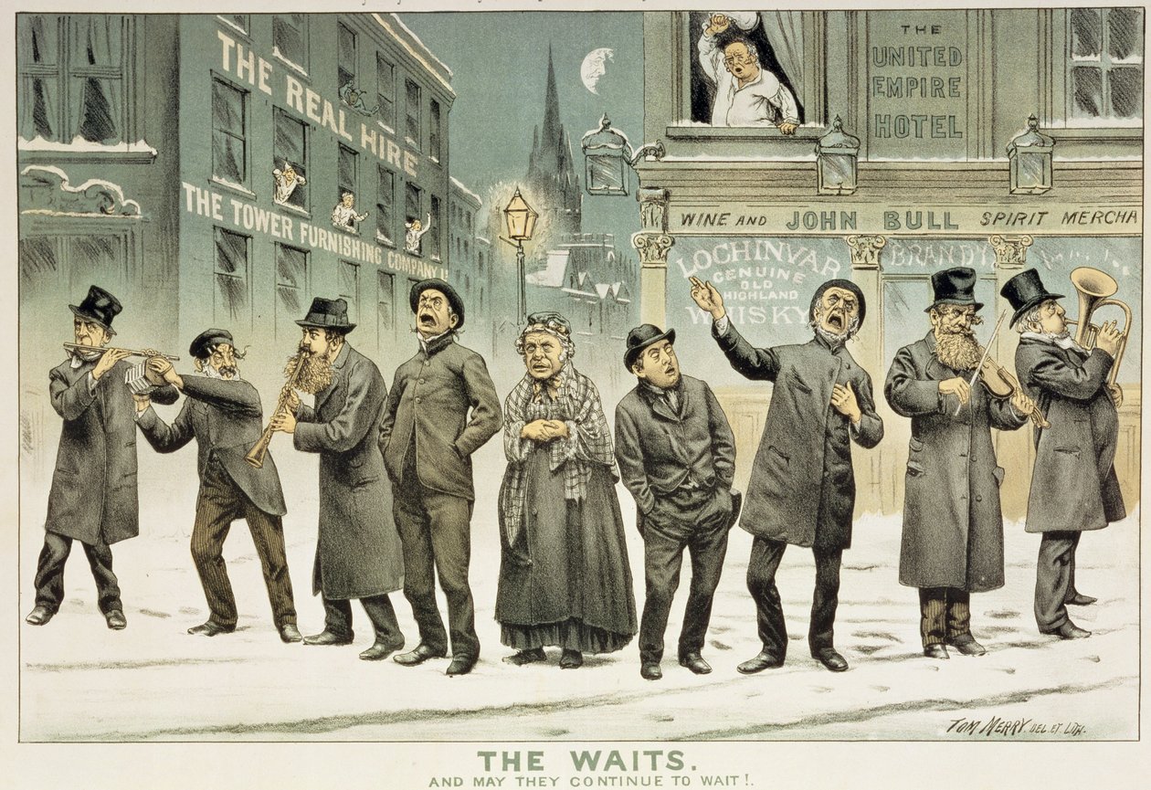 等待，可能他们继续等待，从&39;圣斯蒂芬的评论演示卡通&39;，1886年12月25日（彩色光刻） 作者 汤姆·梅利
