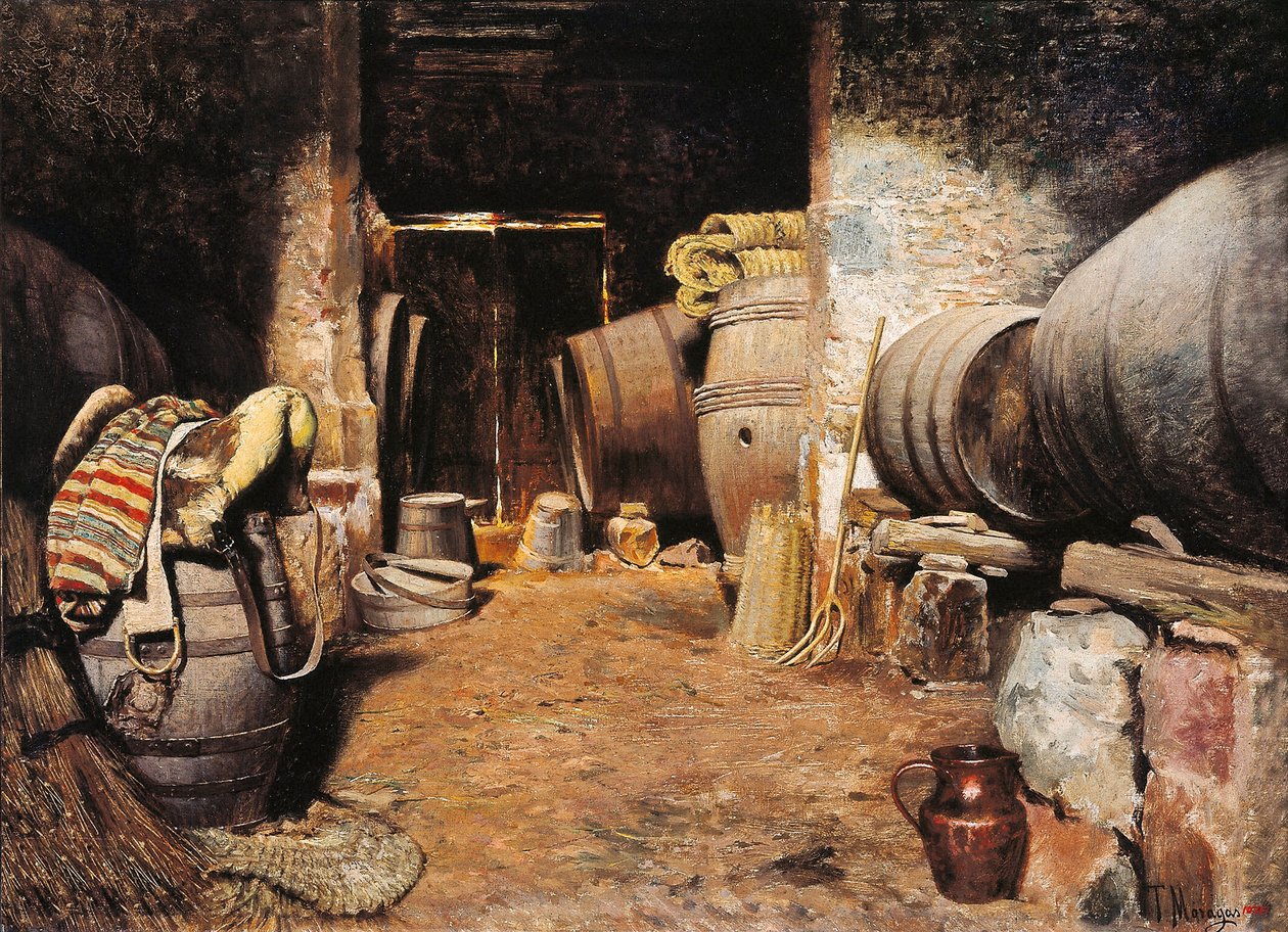 细胞内部。 谷仓与干草和马鞍桶。 Tomas Moragas Y Torras (1837-1906) 的绘画，19 世纪末。 布面油画。 巴塞罗那，加泰罗尼亚国家艺术博物馆。 作者 托马斯·莫拉加斯（Tomas Moragas）和托拉斯（Torras）