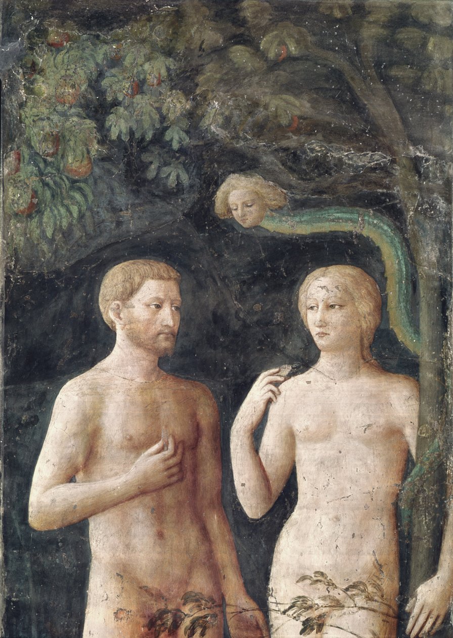 亚当和夏娃的诱惑的细节，c.1423-25 430556的壁画细节 作者 Tommaso Masolino da Panicale